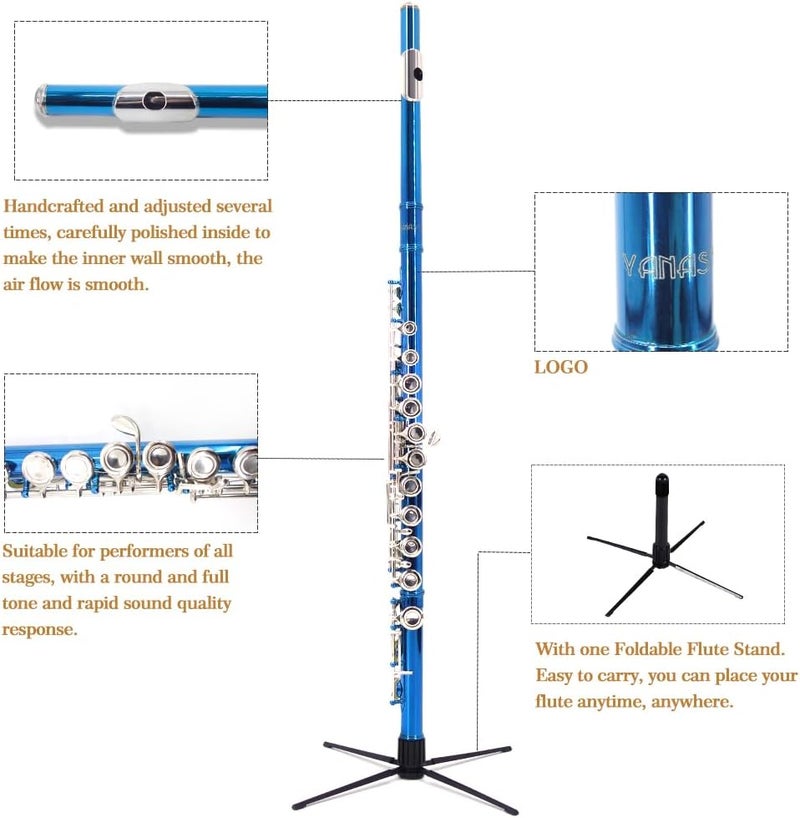 YANASON Blue C Flute Closed Hole 16 Keys Flute Nickel-Plated for Beginner, Student and Professionals with Carrying case, Metal stand, Gloves, Tuning Rod, Cleaning kit(Blue) - Image 5